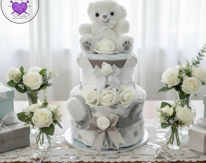 Unisex Nappy Cake, Baby Shower Hamper, Teddy Bear Gift