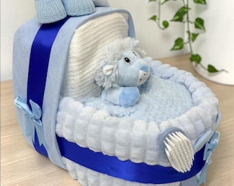 Blue Nappy Cake Crib: Baby Shower Gift Hamper with Lion Comforter