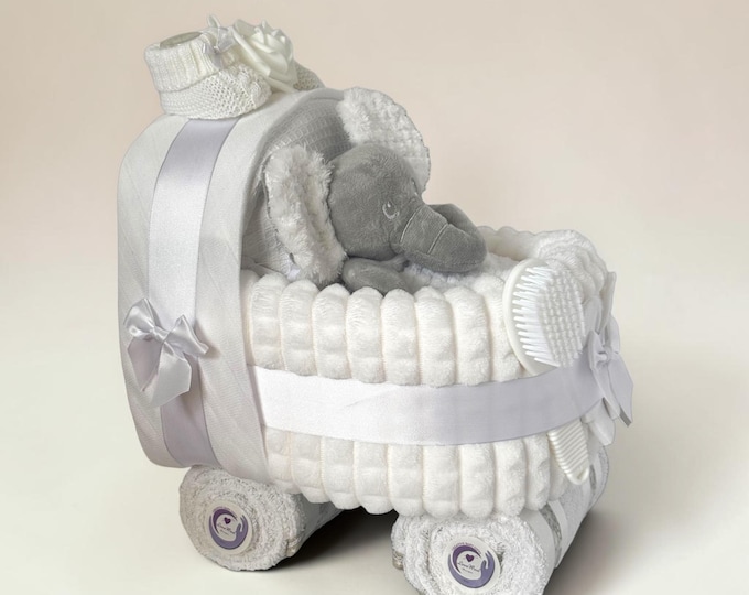 Nappy Cake Pram: Baby Shower Newborn Hamper Gift, White With Choice of Toy