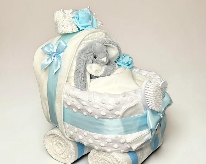 White and Blue Nappy Cake Pram: Baby Shower Gift Hamper