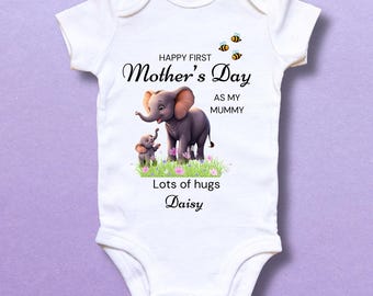 Personalised 'Happy First Mothers Day as my mummy' Baby bodysuit. elephant design, 0-3 months, baby girl, grandchild, daughter gift