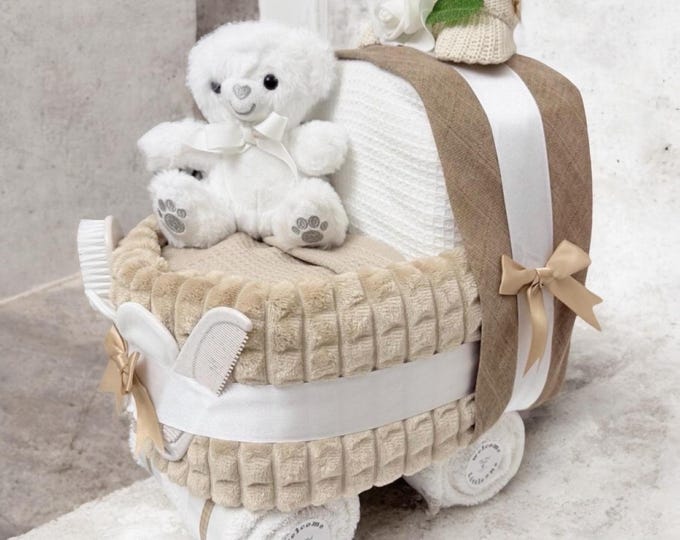 Beige Baby Nappy Cake Pram: Shower Gift Hamper with Teddy Bear