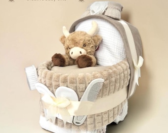 Beige Nappy Cake Pram or Crib: Personalised Baby Shower Gift Hamper with Highland Cow