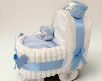 White with Blue Nappy Cake Pram: Baby Shower Gift Hamper