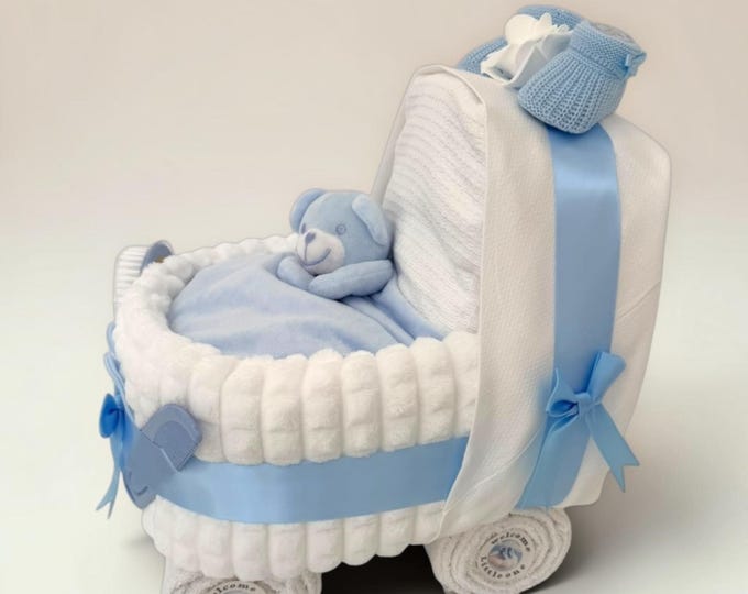 White with Blue Nappy Cake Pram: Baby Shower Gift Hamper