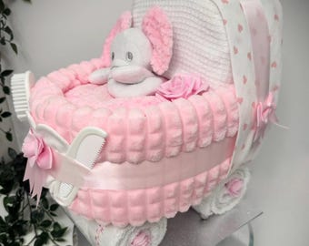 Pink Nappy Cake Pram with sumptuous soft blanket and comforter