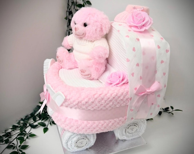 Pink Nappy Cake Pram: Baby Shower Gift Hamper, Baby Girl