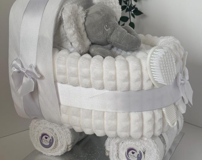 NAPPY CAKE Pram, Gorgeous Baby white with plush teddy