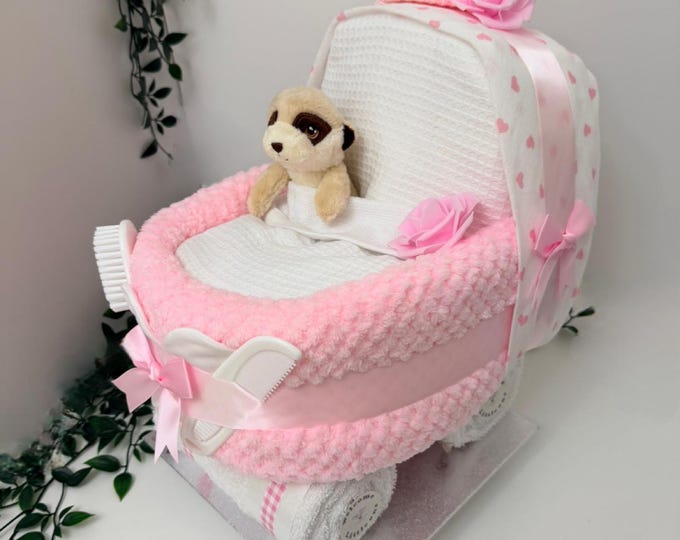 Nappy Cake Pram: Baby Shower Gift Hamper Meerkat toy