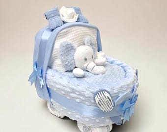 Blue Nappy Cake Pram: Baby Shower Gift Hamper with choice of soft toy