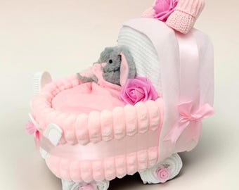 Luxury Handmade Pink Nappy Cake Pram: Personalised Baby Shower or Maternity Gift Hamper