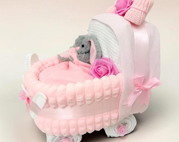 Luxury Handmade Pink Nappy Cake Pram: Personalised Baby Shower or Maternity Gift Hamper