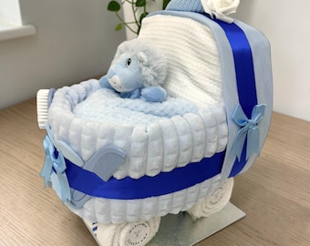 Blue Nappy Cake Pram: Royal blue Baby Boy Shower Gift Hamper