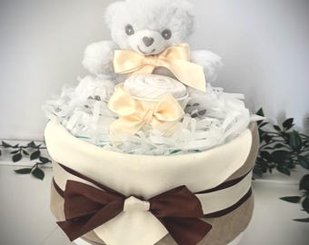 NAPPY CAKE Neutral, baby girl or boy, baby shower, maternity leave, newborn baby hamper, new grandchild, personalised gift tag available.