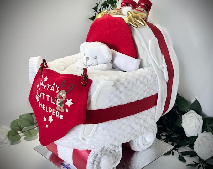 Nappy Cake Pram, Christmas theme baby shower or maternity leave gift hamper