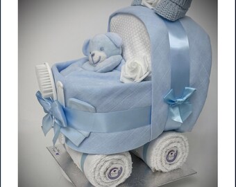 Nappy Cake Pram, blue, baby shower, maternity leave, newborn baby boy hamper, new grandchild gift, personalised gift tag available.