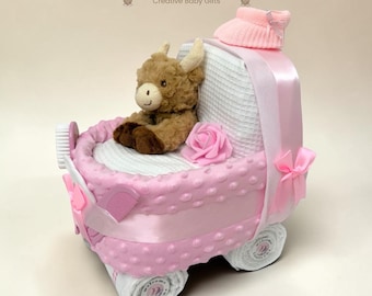 Luxury Pink Nappy Cake Pram: Personalised Baby Shower Gift Hamper with Highland Cow