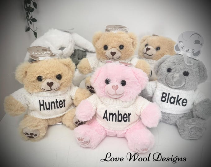 Personalized Knitted Sweater Teddy Bear: Custom Name Gift