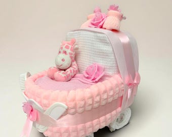 Luxury Pink Nappy Cake Pram | Personalised Baby Shower Hamper gift