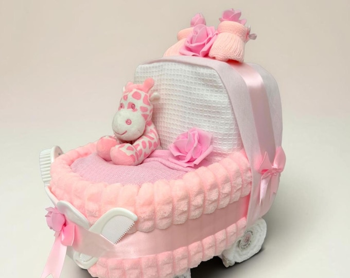 Luxury Pink Nappy Cake Pram | Personalised Baby Shower Hamper gift