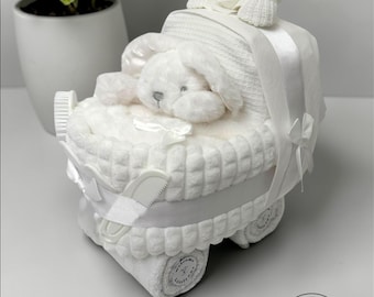 Nappy Cake Pram Crib: Baby Shower Newborn Hamper Gift, White