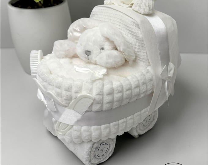 Nappy Cake Pram Crib: Baby Shower Newborn Hamper Gift, White