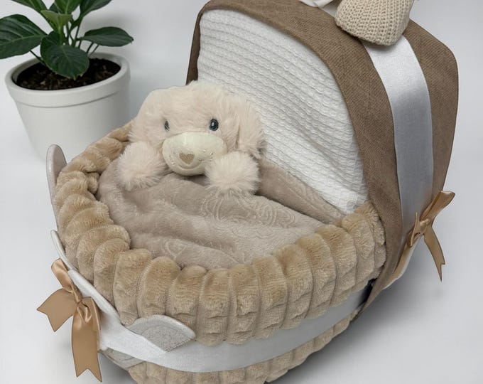 Beige Nappy Cake Crib: Baby Shower Gift Hamper with puppy