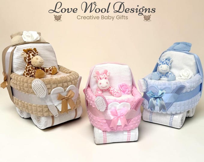Luxury Handmade Nappy Cake Pram: Personalised Baby Shower Gift Hamper