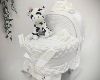 Nappy Cake Pram, white unisex, baby shower, maternity leave, newborn baby hamper, new grandchild gift, personalised gift tag available.