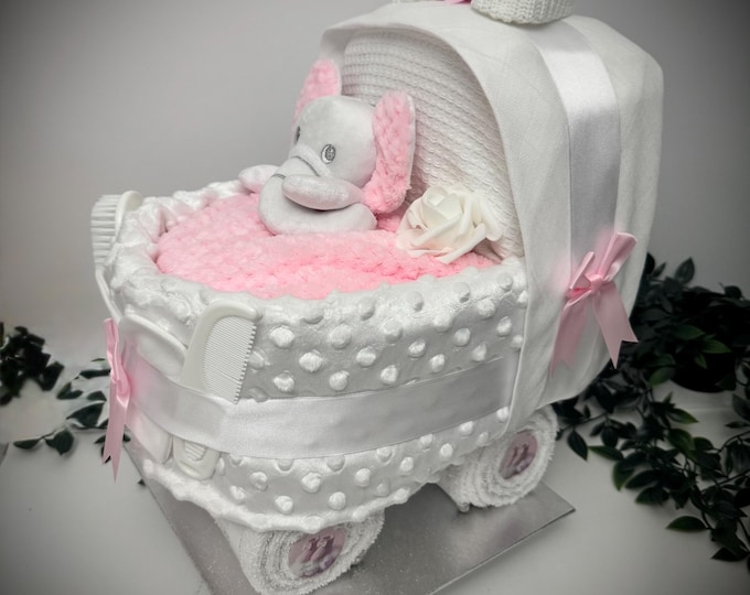 Baby Girl Nappy Cake Pram: Pink & White Baby Shower Hamper