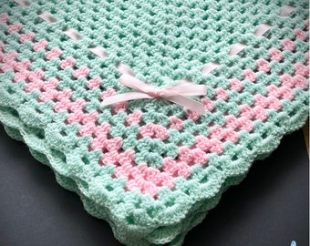 Crochet Multi Use Baby Blanket, Large Size 28x28 Inch Mint Green and Baby Pink