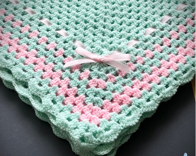 Crochet Multi Use Baby Blanket, Large Size 28x28 Inch Mint Green and Baby Pink