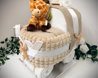 Beige Nappy Cake Pram: Unisex Baby Shower Gift Hamper With George Giraffe