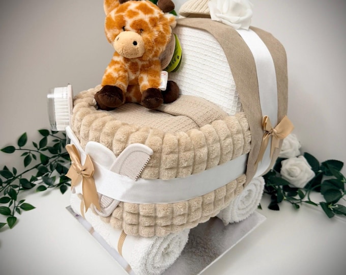 Beige Nappy Cake Pram: Unisex Baby Shower Gift Hamper With George Giraffe