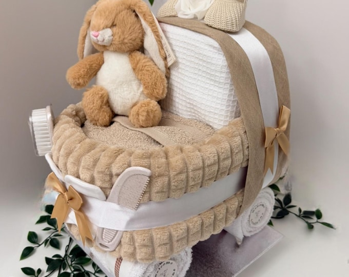 Beige Nappy Cake Pram: Unisex Baby Shower Gift Hamper with bunny