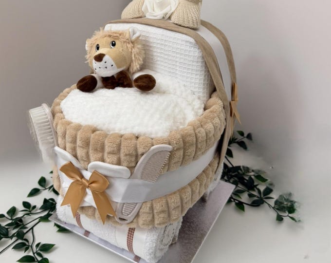 Beige Nappy Cake Pram: Unisex Baby Shower Gift Hamper with Plush Lion
