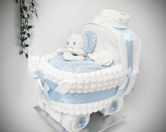 Nappy Cake Pram, white with a hint of blue, baby boy, baby shower, maternity leave, baby hamper, new grandson.