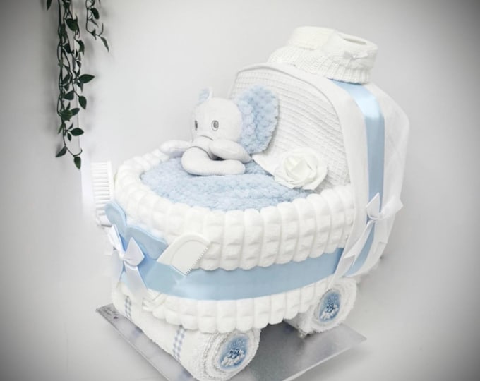 Baby Boy Nappy Cake Pram, Blue & White, Baby Shower Gift