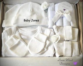The letter box gift with newborn essentials, baby boy or baby girl. personalised option