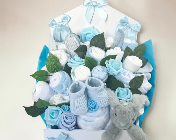 Baby clothes bouquet includes nappies, socks, comforter etc