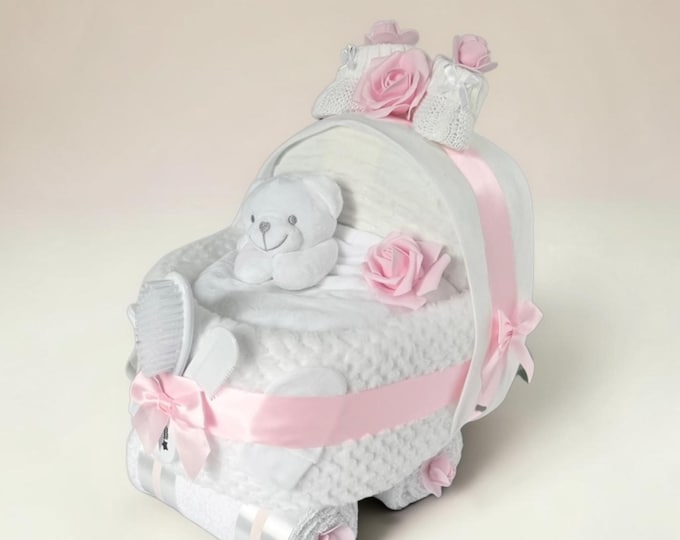 Pink & White Nappy Cake Pram: Baby Shower Hamper
