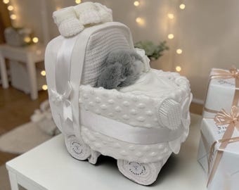 Nappy Cake Pram, in white,personalised gift tag available.