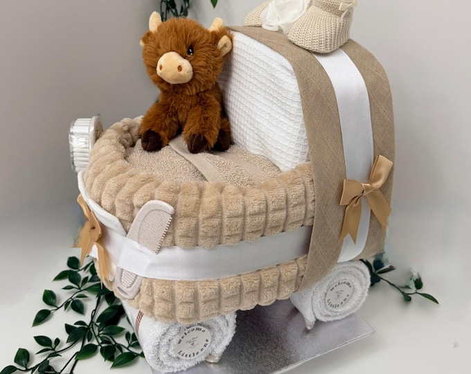 Beige Nappy Cake Pram: unisex, baby shower gift hamper with choice of soft toy