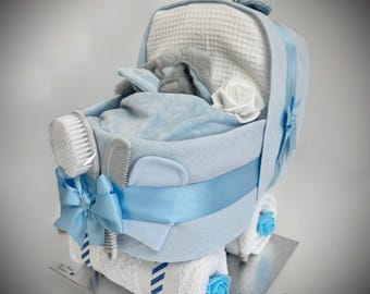 Blue Nappy Cake Pram, Baby Shower Gift, Newborn Hamper