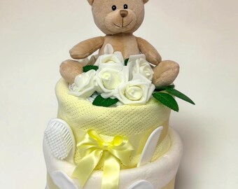 Nappy Cake: 2 Tier Lemon Baby shower Gift Hamper