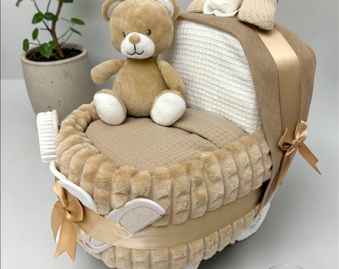 Baby Nappy Cake Pram: Beige brown Baby Shower Gift Hamper with Blanket