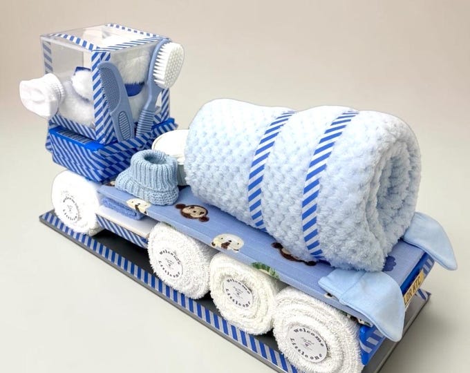 Blue & White Baby shower Gift :  Cement Lorry Style baby hamper