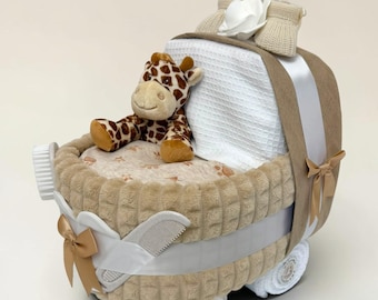 Beige Nappy Cake Pram: Baby Shower, Maternity Gift Hamper Giraffe