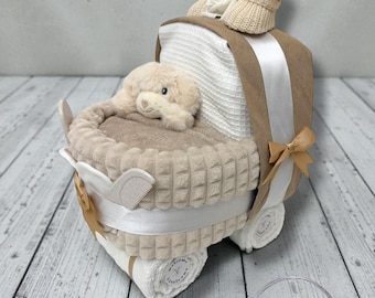 Baby Nappy Cake Pram: Beige plush Baby Shower Gift Hamper