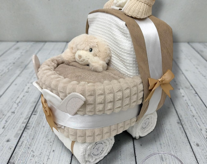 Baby Nappy Cake Pram: Beige plush Baby Shower Gift Hamper